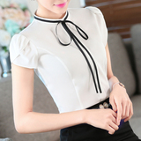 衬衫女短袖2016夏装新款韩版修身职业装女装衬衣立领系带工作服潮