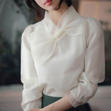 2016新款韩版欧根纱衬衣蝴蝶结蕾丝上衣打底衫长袖白色雪纺衫