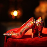 婚鞋古典淑女红色高跟单鞋新娘鞋红色绣花鞋尖头气质女鞋子古装鞋