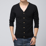 16韩版男士V领开衫长袖T恤修身款T桖外套秋装衣服加大码服装潮