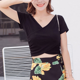 2016夏装新款韩版女装气质修身显瘦交叉V领短款短袖T恤上衣纯色潮