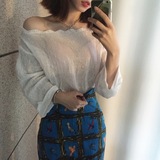韩国  chic  透视感 蕾丝花边拼接 一字领 针织衫
