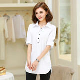 2016夏装新款韩版大码短袖衬衫女中长款上衣 修身学生白衬衣女装