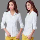 2015新款春装韩版职业白衬衫修身女长袖雪纺衫大码蕾丝上衣打底衫