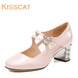 KISSCAT2016年新款牛皮大方头女单鞋 玛丽珍鞋钻跟女鞋DA76115-51