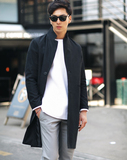 2015秋季新品纯色立领休闲黑色英伦韩国男士长款风衣外套韩版修身