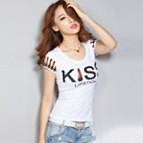 2016新款女士t恤短袖女夏装 修身KISS字母印花韩国纯棉韩范体恤衫