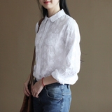 三五年Y069精美的纯棉刺绣白衬衣春装新款文艺森女打底长袖衬衫女