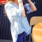 2016夏季韩范V领个性条纹宽松衬衫女新款系带蝴蝶结五分中袖上衣