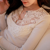 2016春装上衣韩版大码女装中长款修身显瘦v领蕾丝打底衫女长袖t恤
