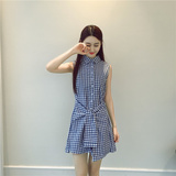 夏季新款韩版女装翻领无袖修身短裙单排扣系带显瘦格子连衣裙+H84
