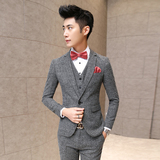 2016新款男士修身西服韩版格子结婚礼服发型师休闲西装套装三件套