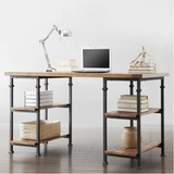 美式书桌实木铁艺电脑桌台式家用办公桌收纳置物复古大班台写字桌