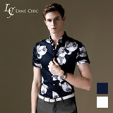 L'AME CHIC欧美潮男夏季休闲短袖衬衫印花泼墨修身型韩版男装衬衣
