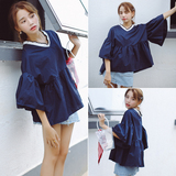 2016夏新款韩版V领宽松显瘦喇叭袖娃娃衫上衣百搭套头衬衣女学生