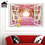 创意粉红树林卧室过道墙贴纸立体可移除仿假窗户田园风景贴画贴花