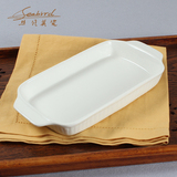 纯白色酒店餐具创意双耳长方形条纹芝士焗饭陶瓷烤盘菜盘汤盘子