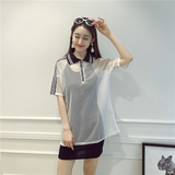 夏季新款韩版女装宽松翻领短袖上衣个性透视镂空中长款T恤+L410
