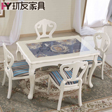 环友钢化玻璃餐桌创意实木餐台欧式雕花餐桌椅组合田园白烤漆饭桌