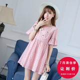 格林世家111夏装新款女装韩版时尚圆领五分袖纯色蕾丝a字连衣裙