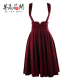 金丝绒半身裙 欧美复古酒红色高腰背带裙 加厚秋冬款打底百褶中裙