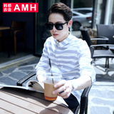 AMH男装韩版2016夏季新款修身条纹薄款纯棉七分袖衬衫男衬衣潮滈