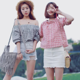 韩版甜美露肩格子 修身短款短袖两穿一字领格子衬衫上衣女夏学生