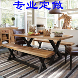 定制实木美式复古做旧餐桌椅组合6人铁艺长方形loft家具 长凳长桌