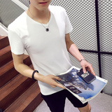 2016新款短袖t恤男韩版半袖T恤男士纯色短袖V领男装夏季潮打底衫
