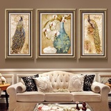 高档美式复古装饰画欧式客厅沙发背景墙挂画有框三联壁画富贵孔雀