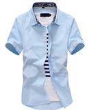 男士衬衫短袖2016夏款韩版潮流时尚个性撞色拼接修身休闲白色衬衣
