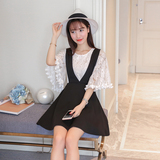 2016夏装新款韩版甜美女蕾丝上衣宽背带裙套装两件套喇叭袖连衣裙