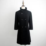 冬款女装毛呢大衣 黑色修身显瘦双排扣立领七分袖中长款羊毛外套