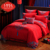 绣花婚庆四件套大红结婚床上用品六件套婚床被套件刺绣新婚庆床品