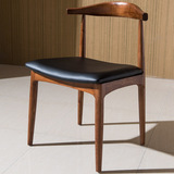 缘艺馨胡桃木中式餐椅 牛角椅带皮坐垫靠背椅子实木凳子休闲椅子