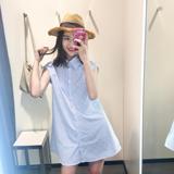 2016夏装新款韩版中长款短袖衬衫女 简约百搭宽松显瘦条纹衬衫裙