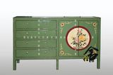 中式新古典彩绘绿色做旧牡丹花大边柜餐边柜鞋柜玄关储物柜可定做