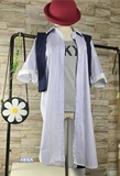 韩国代购东大门中长款大码衬衫女夏装假两件围巾竖条纹宽松衬衫裙