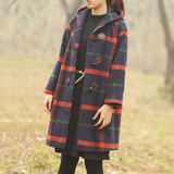 原创设计2015冬季新款女式连帽大衣 中长款格子加厚羊毛呢子外套