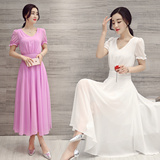夏季韩国气质短袖裙子女款雪纺连衣裙超仙清新中长款收腰显瘦长裙