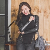 韩国女装正品代购2015冬新款双拉链皮袖拼接修身长袖t恤打底衫潮