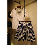 YNL韩国东大门代购夏装新品 气质修身纯棉衬衫条纹短裙两件套装女