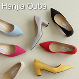 Ouba 韩国代购新款尖头高跟鞋粗跟浅口中跟单鞋流行OL伴娘婚女鞋