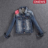 ONEWS欧洲站2016春季新品女装时尚潮流立体玫瑰花短款牛仔外套