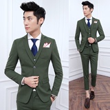 男士西服套装三件套青年型男韩版修身潮军绿色个性休闲西装2粒扣