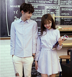【Sunny33小超人】韩版中长款学院小清新淡蓝色条纹衬衫情侣装裙