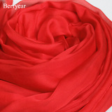 Berryear高档大红色丝巾长款春秋纯色真丝丝巾女中国红桑蚕丝围巾