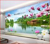 中式荷花沙发客厅电视背景墙壁纸3d立体山水风景大型壁画满铺墙纸