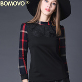 Bomovo清仓2015冬装欧美黑色立领格子拼接长袖上衣修身加绒打底衫