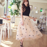 韩版夏季单件长裙圆领高腰套头公主裙碎花女装网纱连衣裙